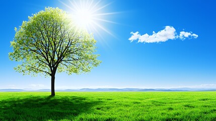Single Deciduous Tree in Sunny Green Field under Bright Sky