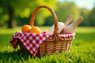 Rustic brown wicker picnic basket, red gingham cloth lining , storage, holiday