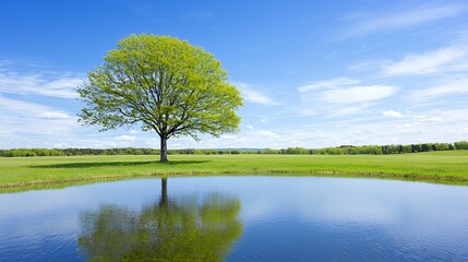 Single Deciduous Tree Reflecting in a Pond Under a Blue Sky