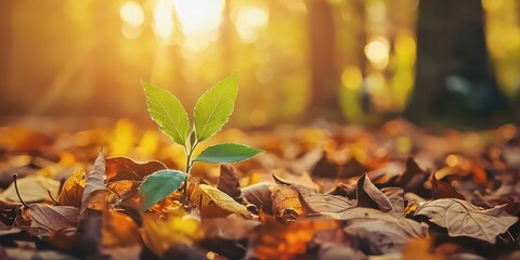 A young green plant sprouting from the forest floor covered in fallen leaves