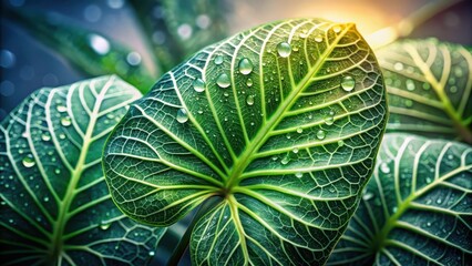 Lush Green Foliage with Dew Drops Illuminated by Sunlight A Close-Up of Vibrant, Textured Leaves