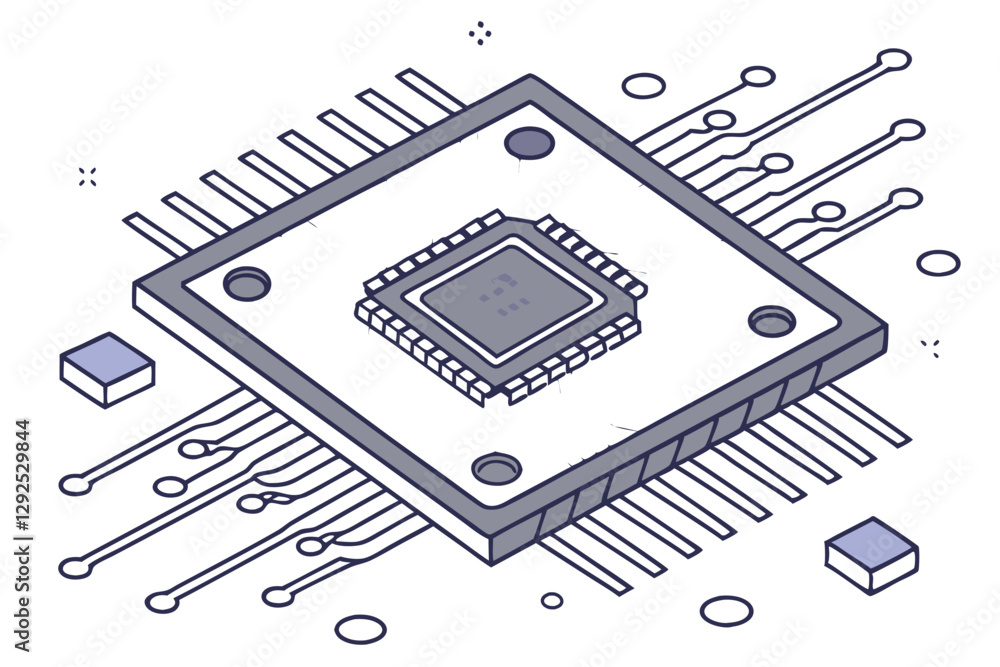 Poster modern computer chip design showcasing detailed circuits and connections in a digital format