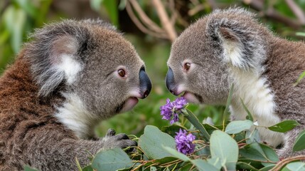 Fototapeta premium Two Koala Joeys Sniffing Purple Flowers Together