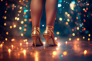 Glamorous golden heels shine at a festive event surrounded by sparkling lights