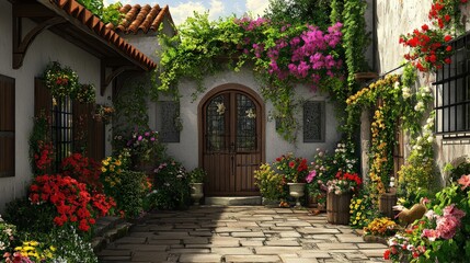 Whimsical Garden with Colorful Blossoms and Stone Pathway