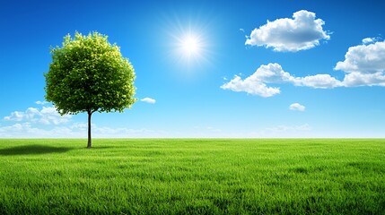 Single Green Tree in a Lush Green Field Under a Bright Sunny Sky