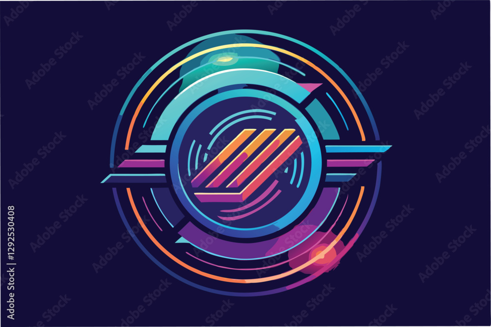 Poster Vibrant abstract design featuring circular shapes and dynamic lines in bright colors against a dark background
