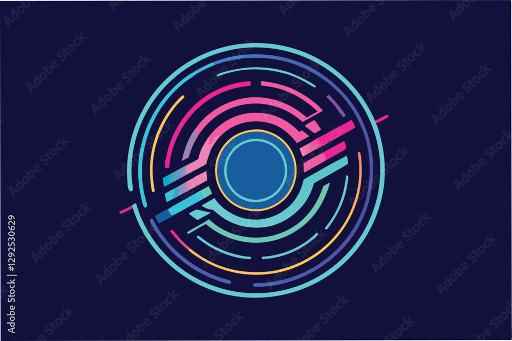 Fototapete Vibrant abstract design featuring circular shapes and dynamic lines in bright colors against a dark background