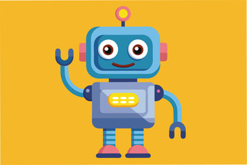 Friendly cartoon robot waving with a cheerful expression in a vibrant blue background, designed for children's education or entertainment
