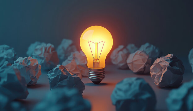 Glowing Lightbulb among Crumpled Paper Balls on Dark Background