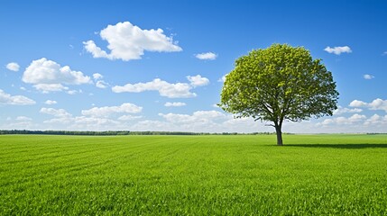 Single Green Tree in a Vast Green Field Under a Bright Blue Sky