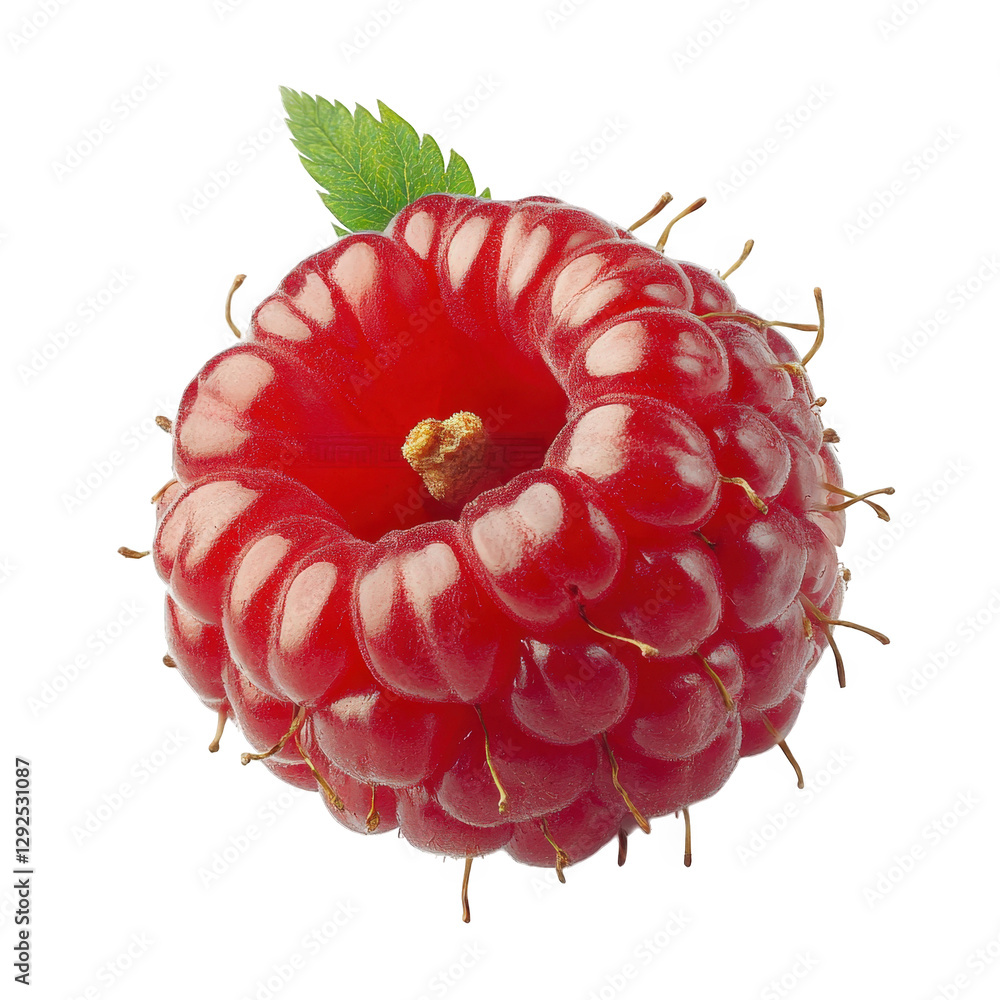Poster close-up of a vibrant red raspberry. showcasing its unique texture and shape. with a green leaf atta
