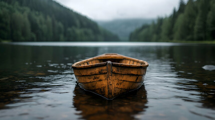 Obraz premium Wooden rowboat on calm lake, misty forest background, tranquil scene, nature photography