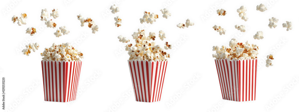 Poster three striped popcorn containers filled with popcorn. with some kernels appearing to be flying out o