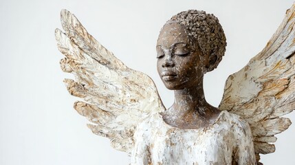 Obraz premium An angel from African traditional religions, with divine wings and a connection to nature, symbolizing spiritual guidance on a white background.