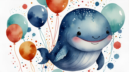 Adorable Blue Whale with Sailor Hat Balloons Watercolor Illustration for Kids