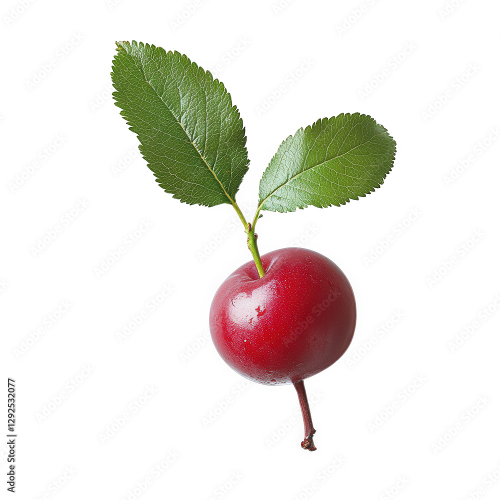 Poster single red plum with a small branch and two green leaves attached. resting on a white background the