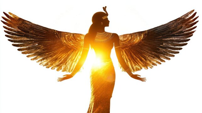 An Egyptian angelic figure like the goddess Ma'at, depicted with wings and a glowing aura of divine justice on a white background.