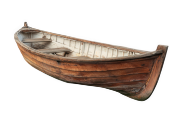 weathered wooden boat. showcasing its rustic charm and traditional craftsmanship the boat has a curved hull and an open interior with benches. suggesting its use for fishing or leisure activities on w