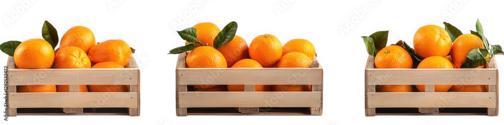 Poster three wooden crates filled with vibrant oranges. arranged neatly against a white background the crat