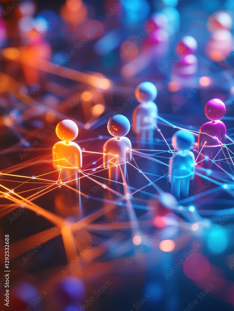 Poster Colorful digital avatars connected by glowing network lines represent social media interactions in a virtual environment. Generative AI