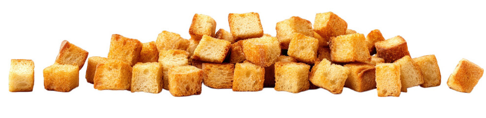 pile of golden-brown croutons. neatly arranged in a line these crunchy. bite-sized pieces are commonly used as toppings for salads. soups. or other dishes. adding texture and flavor their appealing ap