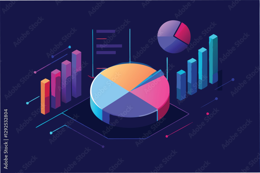 Poster colorful data visualization with pie and bar charts representing analytics on a purple background wi