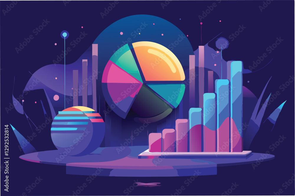 Fototapete colorful data visualization with pie and bar charts representing analytics on a purple background wi