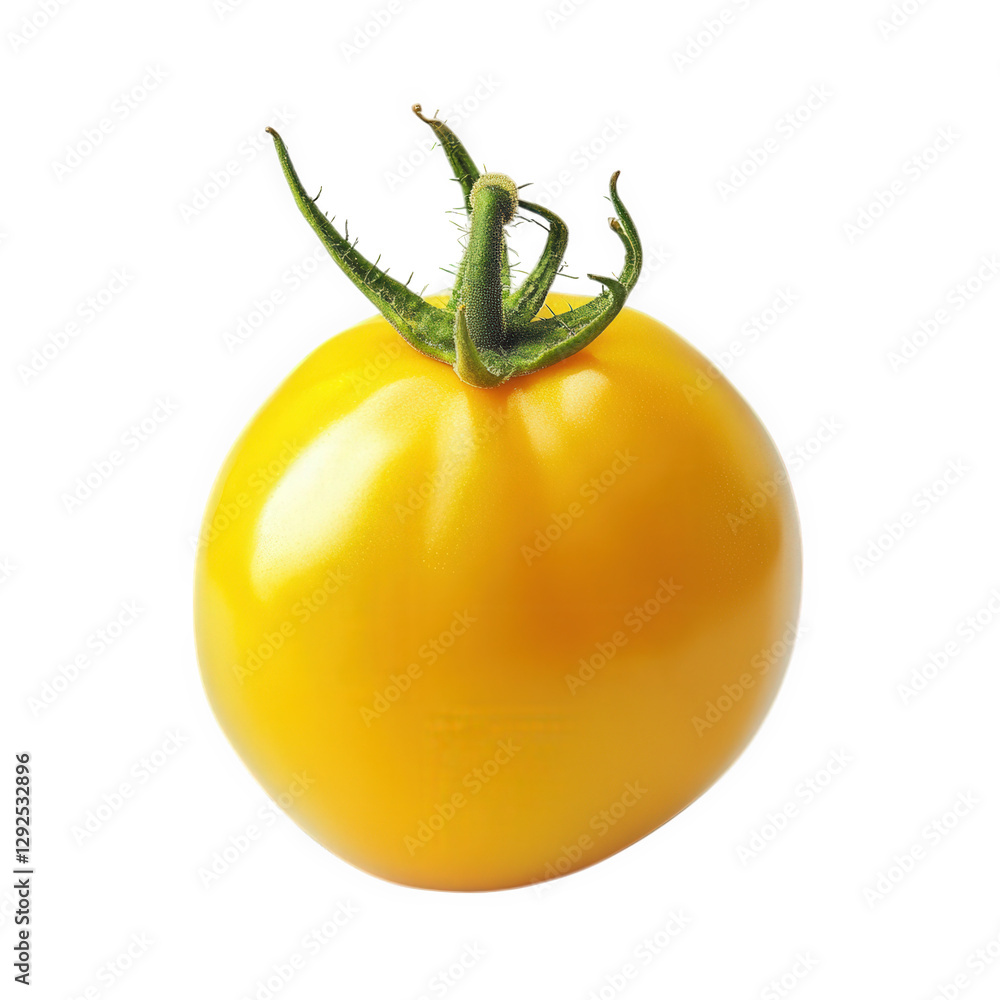 Poster bright yellow tomato. showcasing its smooth surface and distinct green stem it is presented against 