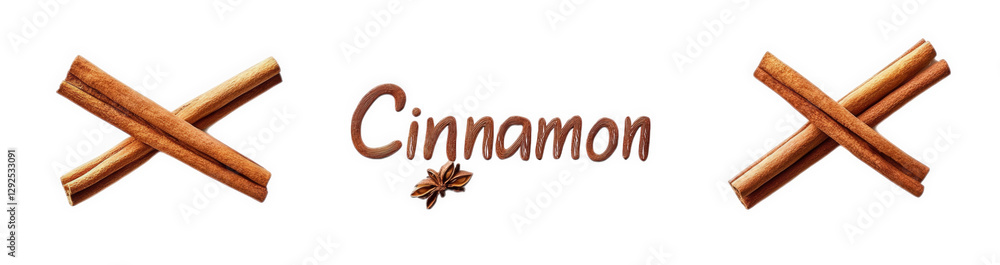 Poster the word cinnamon artistically displayed with cinnamon sticks arranged in an x shape on either side 