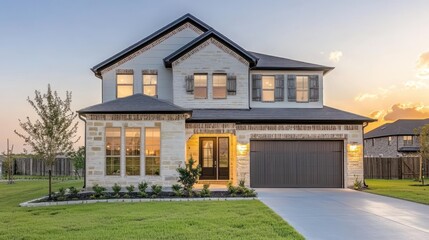 Modern two-story home exterior at sunset, featuring stone facade, dark shutters, and a paved driveway.