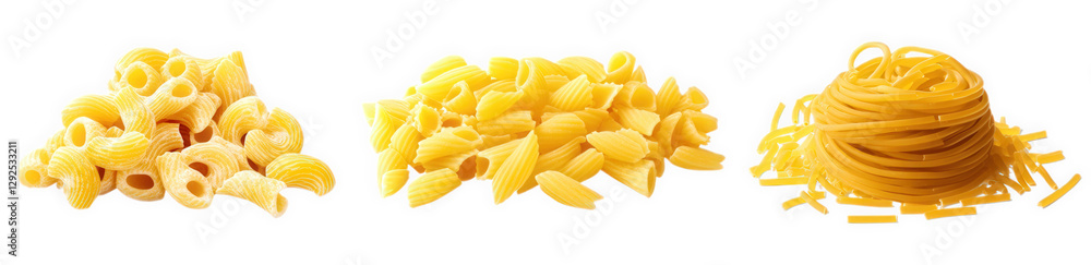 Poster three distinct types of pasta arranged side by side on a white background the first is a small. curv