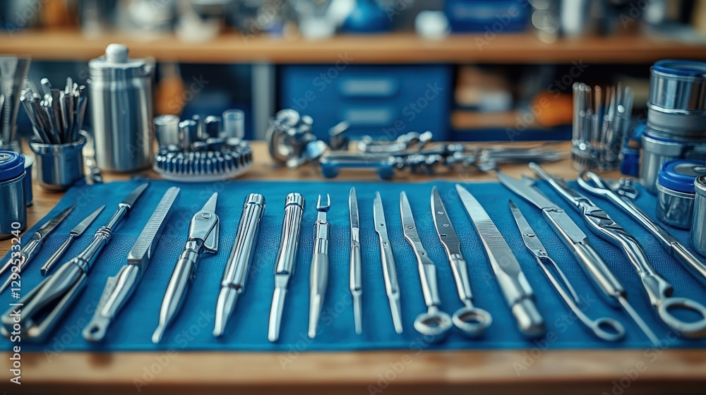 Aufkleber a neatly arranged collection of various metal tools on a blue workbench in a workshop setting