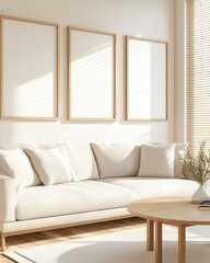 Minimalist Living Room Interior with White Sofa and Sunlight