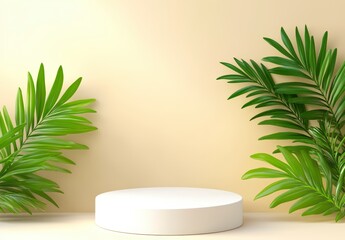 Obraz premium Minimalist White Podium with Lush Green Palm Leaves on Pale Yellow Background