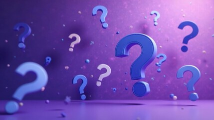 A plethora of enigmatic question marks float in a vibrant purple space, symbolizing curiosity, inquiry, and the pursuit of knowledge.