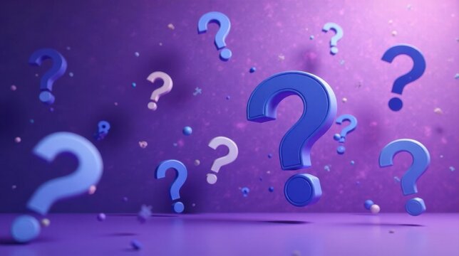 A plethora of enigmatic question marks float in a vibrant purple space, symbolizing curiosity, inquiry, and the pursuit of knowledge.