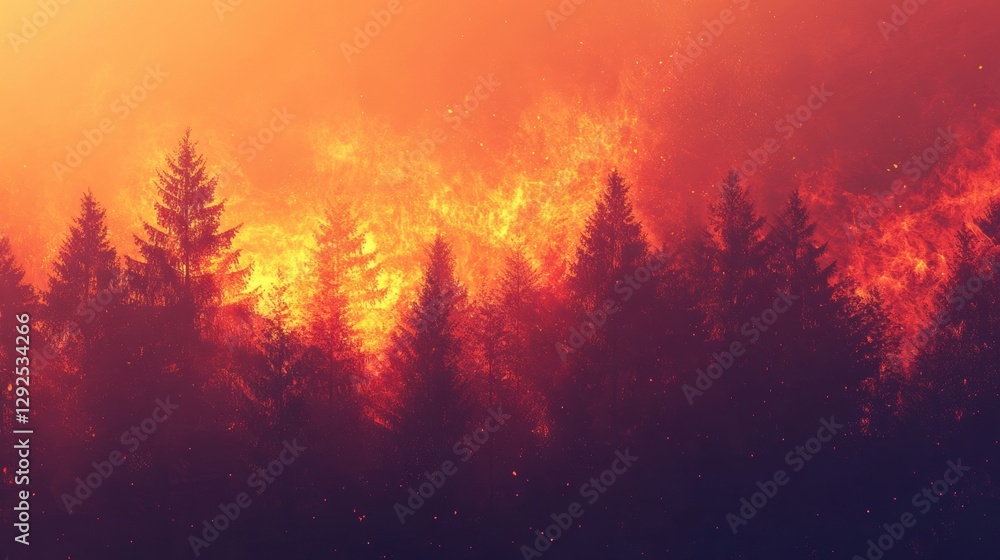 Poster forest engulfed in flames with thick smoke during a wildfire at dusk creating a dramatic landscape. 