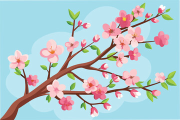 Fototapeta premium Beautiful cherry blossom branch with pink flowers against a clear blue sky during springtime