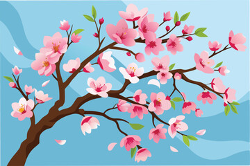 Beautiful cherry blossom branch with pink flowers against a clear blue sky during springtime