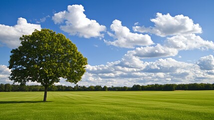 Fototapeta premium Single Tree in a Verdant Field Under a Bright Blue Sky