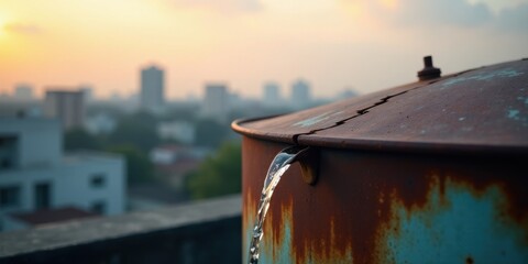 Rusty rooftop water tank leaking at sunset over urban skyline