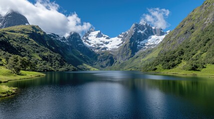 Fototapeta premium Mountain lake reflecting a vibrant sky, tranquil alpine scenery