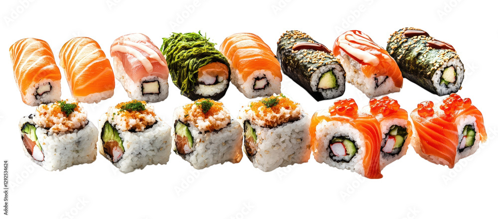 Poster an array of sushi. featuring various types including rolls and sashimi. presented neatly on a white 