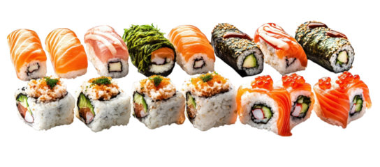 an array of sushi. featuring various types including rolls and sashimi. presented neatly on a white background this vibrant display emphasizes the artistry of sushi making. appealing to food enthusias