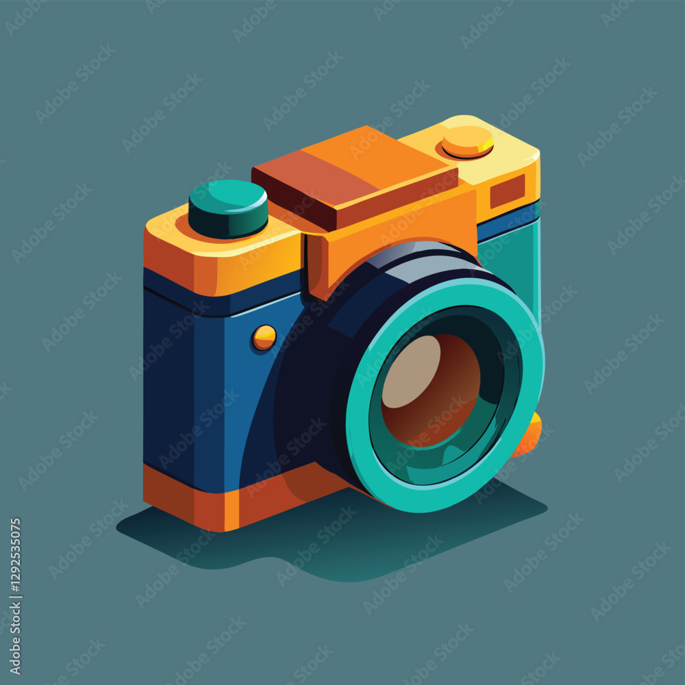 Poster colorful retro camera illustration with a modern design on a simple background, capturing the essenc