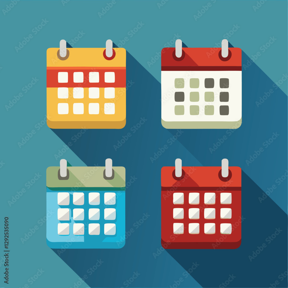 Aufkleber colorful calendar icons arranged on a teal background showcasing four distinct designs for planner a