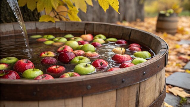 Apples in a barrel of water, with autumn leaves sprinkled around, suggesting a fun apple bobbing game and the spirit of fall festivities