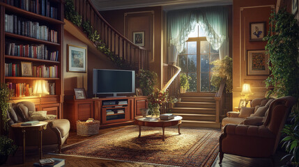 Modern living room with TV at night. Vector cartoon illustration of house interior, armchairs and carpet on wooden floor, books on table, picture frames on wall, stairscase, moonlight in window