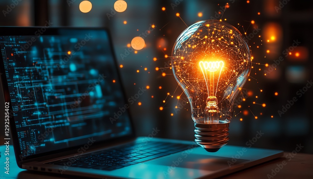 Poster a glowing light bulb levitating above a laptop, with abstract digital elements and circuit patterns,